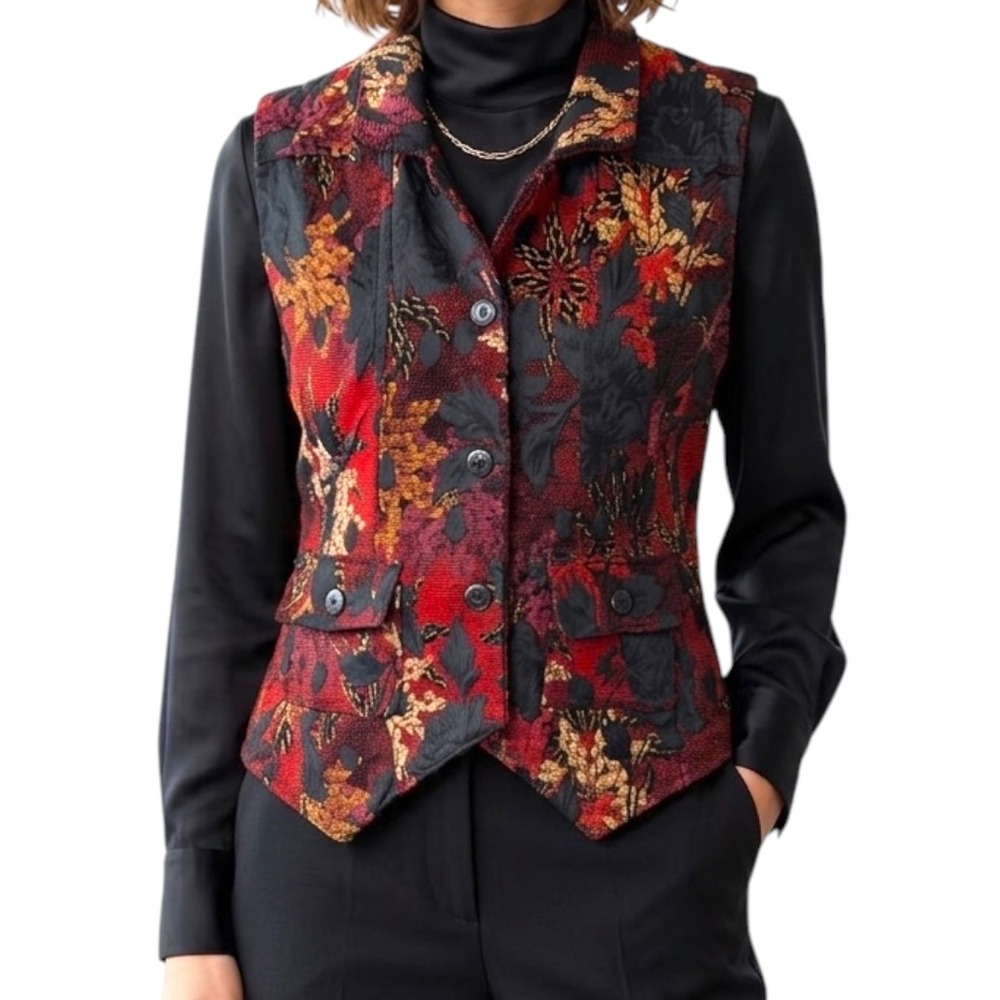 Vintage Christopher & Banks Floral Tapestry Vest Red Black Gold Woven Brocade M